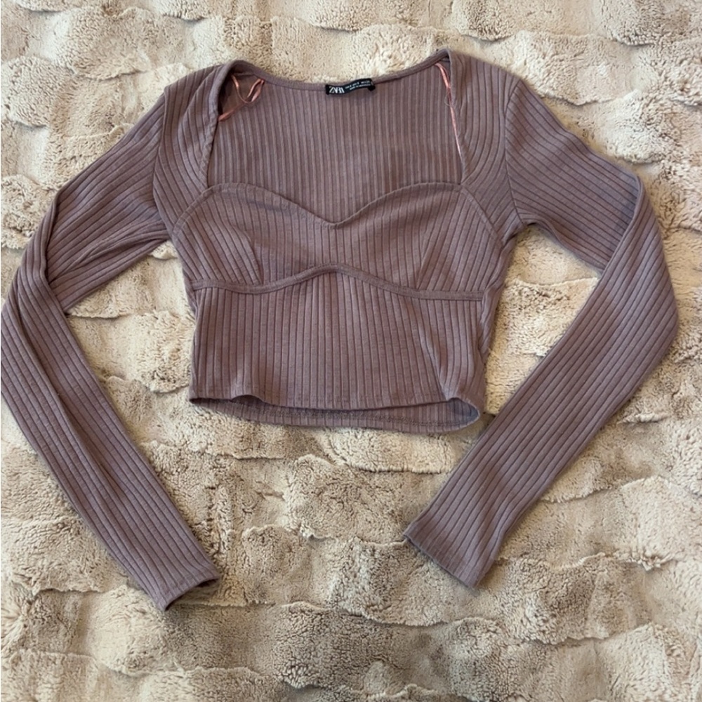Zara Ribbed Mauve Long Sleeve Crop Top